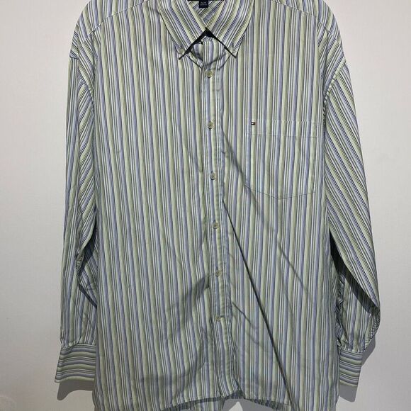 Tommy Hilfiger Men's Striped Button-Down Dress Shirt Blue/Green Size XL - Picture 1 of 7